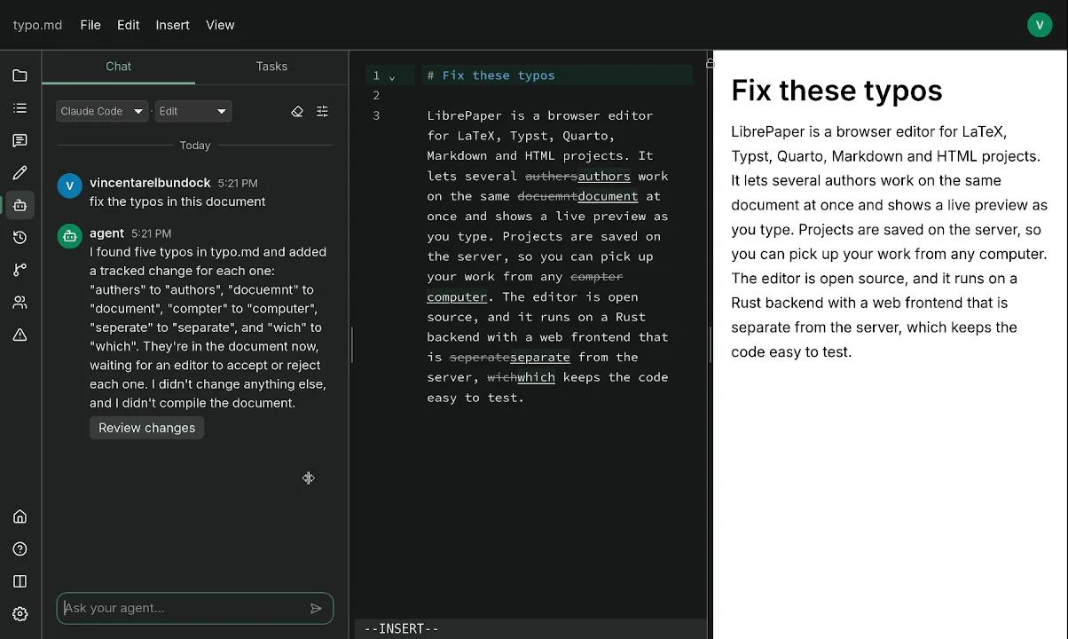 The agent sidebar in LibrePaper: asked to fix the typos in a document, the agent has added a tracked change for each one.
