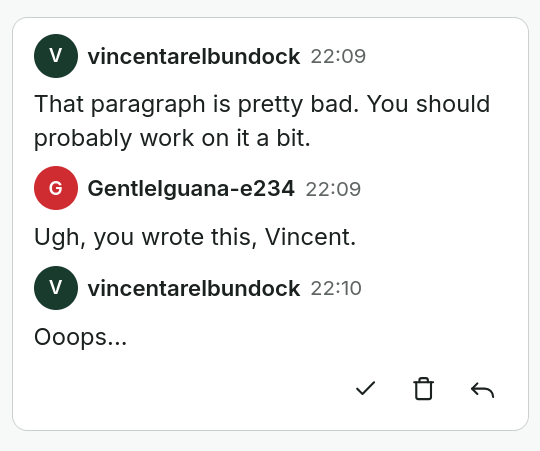 A comment thread in LibrePaper: three messages between two collaborators, with buttons to resolve, delete and reply.