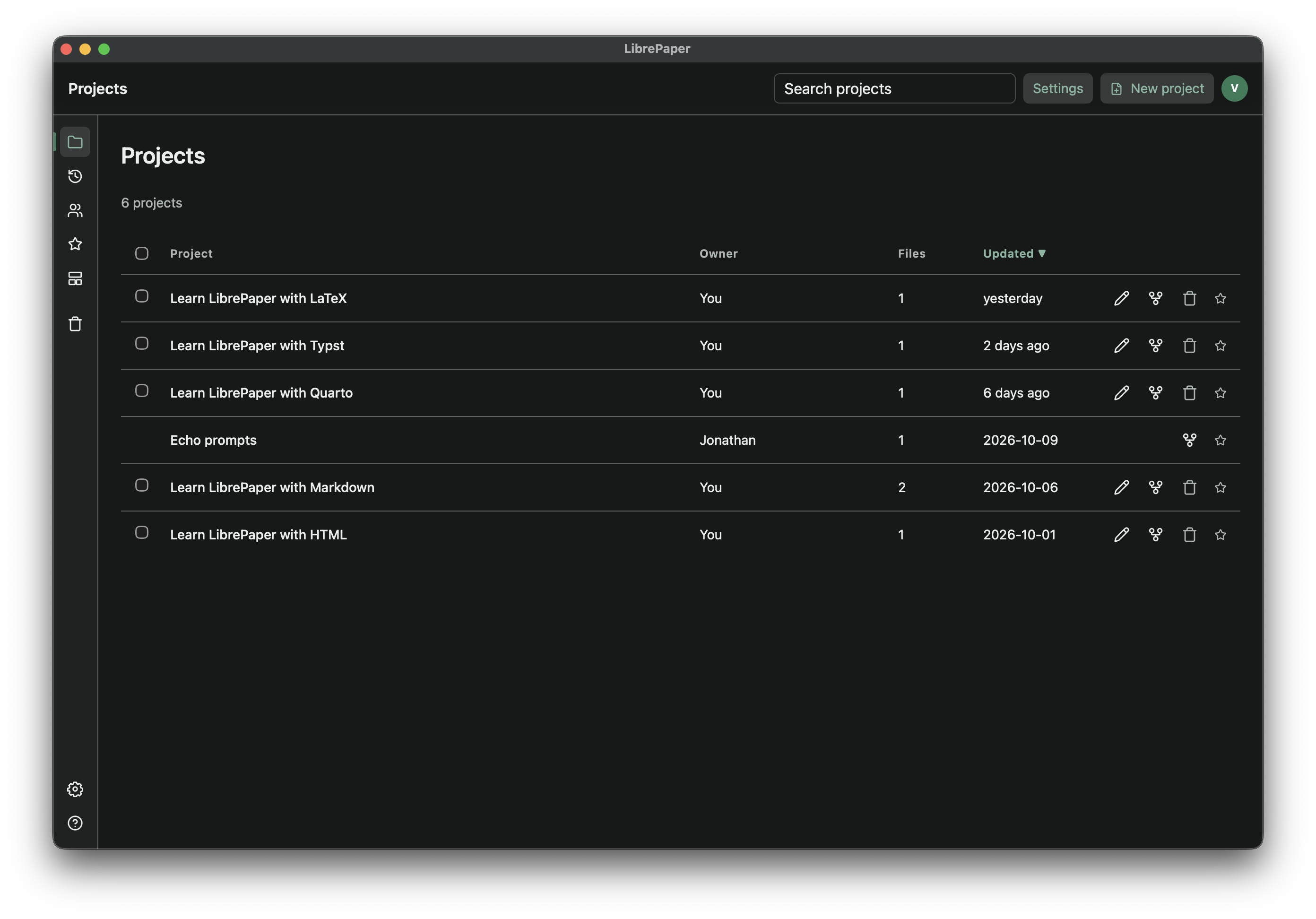 The LibrePaper desktop app on macOS, showing the list of projects.