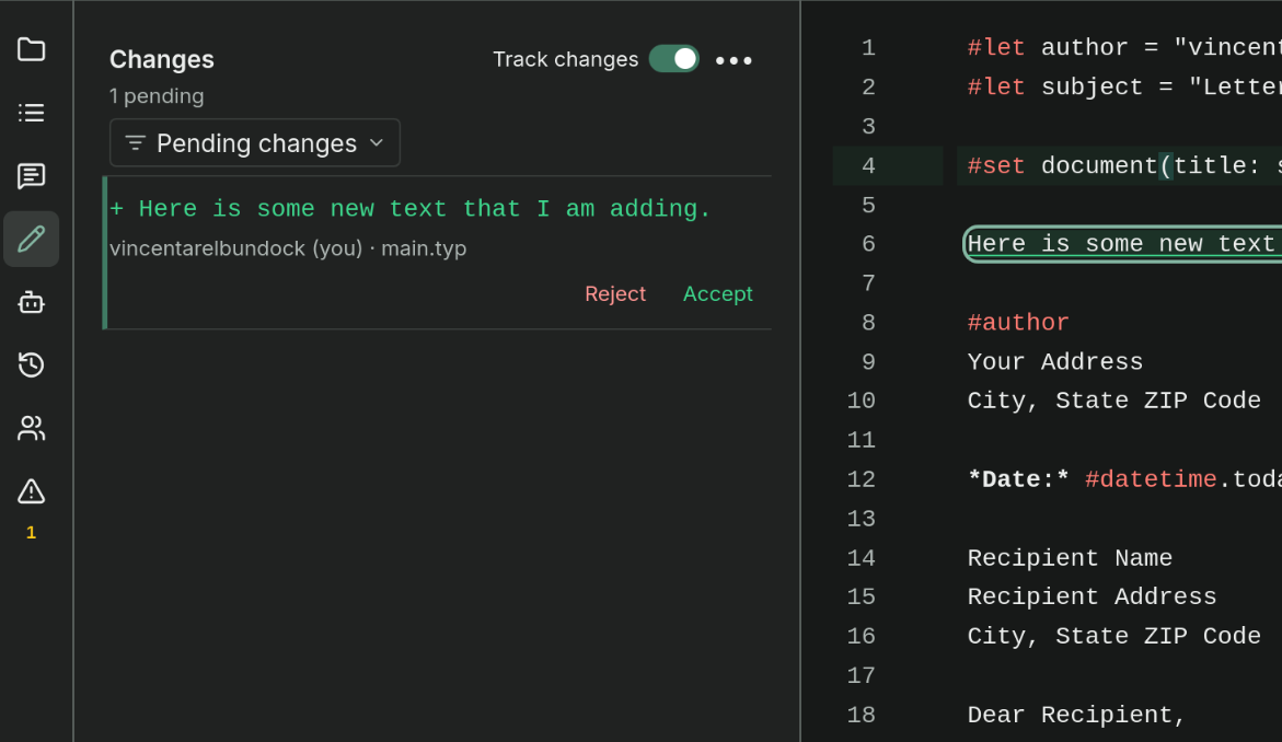 The Changes panel in LibrePaper with one pending insertion, its author and file, and Reject and Accept buttons, beside the Typst source with the inserted line outlined.
