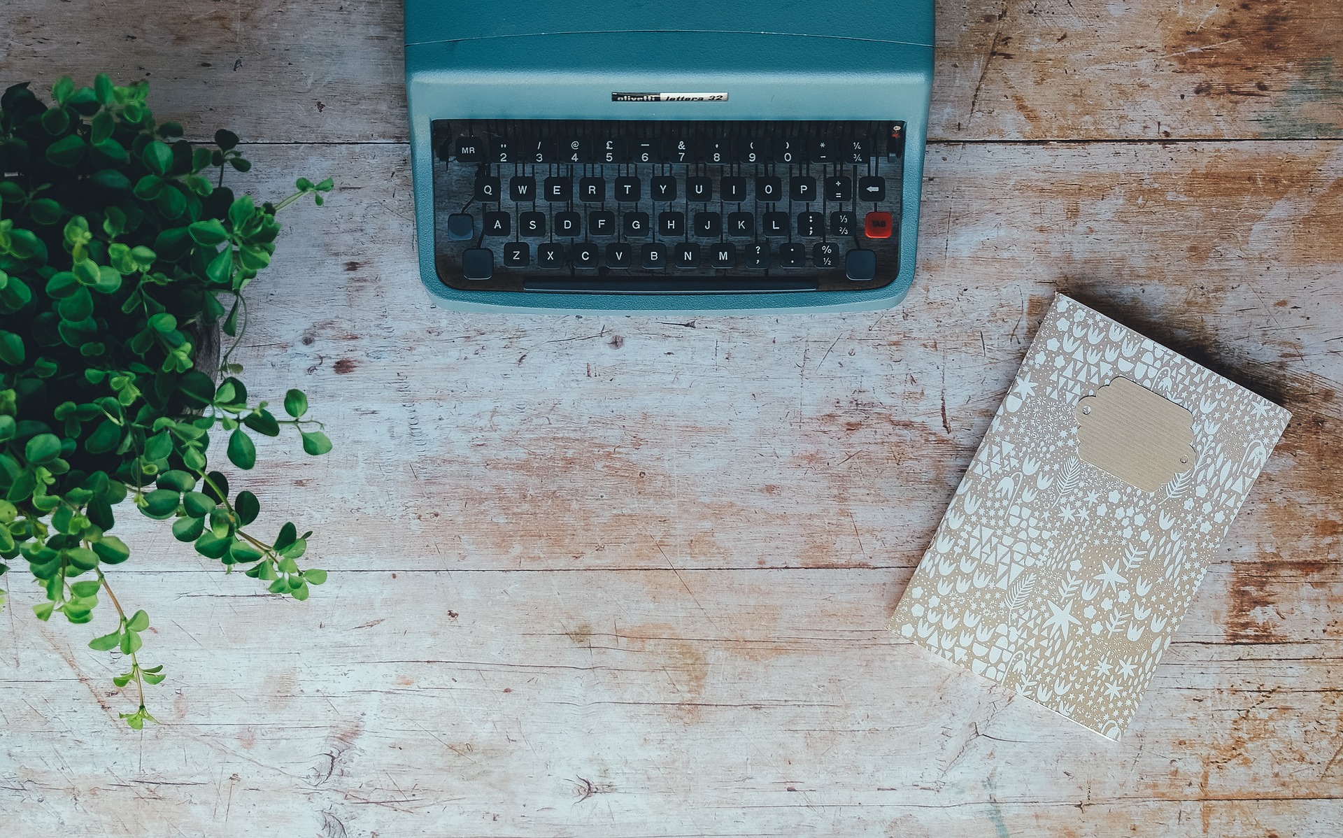 A blue Olivetti typewriter, a plant and a notebook on a wooden desk. Photograph by Annie Spratt, from Pixabay.